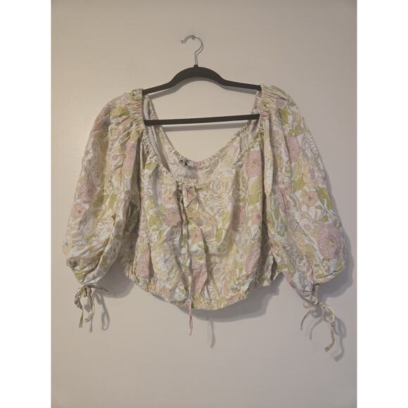 Rachel Zoe Sz XL Off the Shoulder Floral Crop Top Linen Blend Boho Cottagecore - Picture 1 of 5